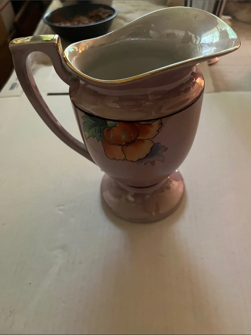 Pink Floral Ceramic Pitcher with Gold Trim Japan Circa 1950 7 1/4 inch